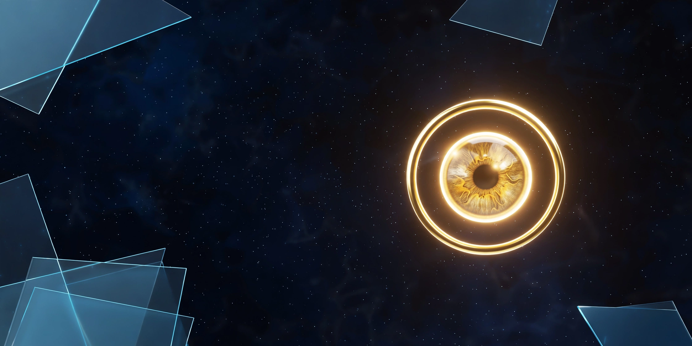 Fiador banner art: a gold-ringed iris over a starfield