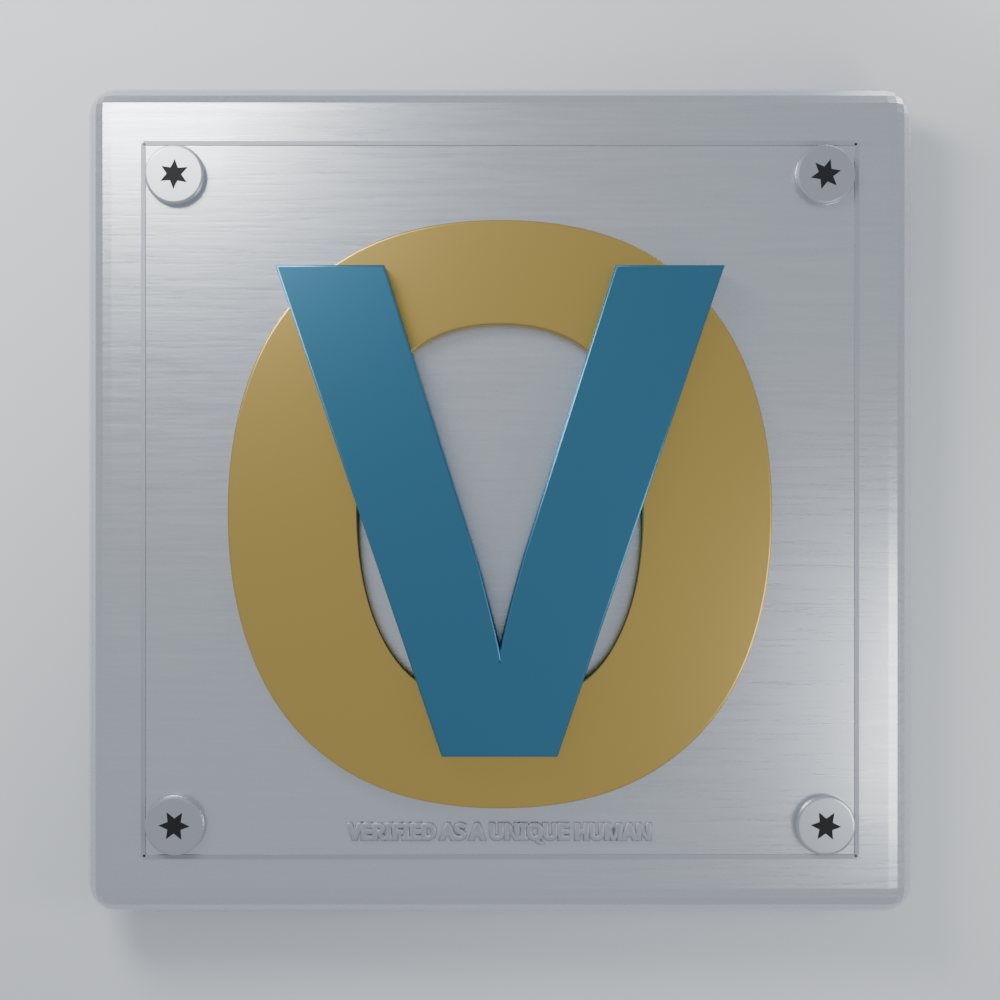 The Operator Verified plate: a brushed steel credential plate, gold O and deep steel blue V overlaid, the words ‘verified as a unique human’ engraved along the base